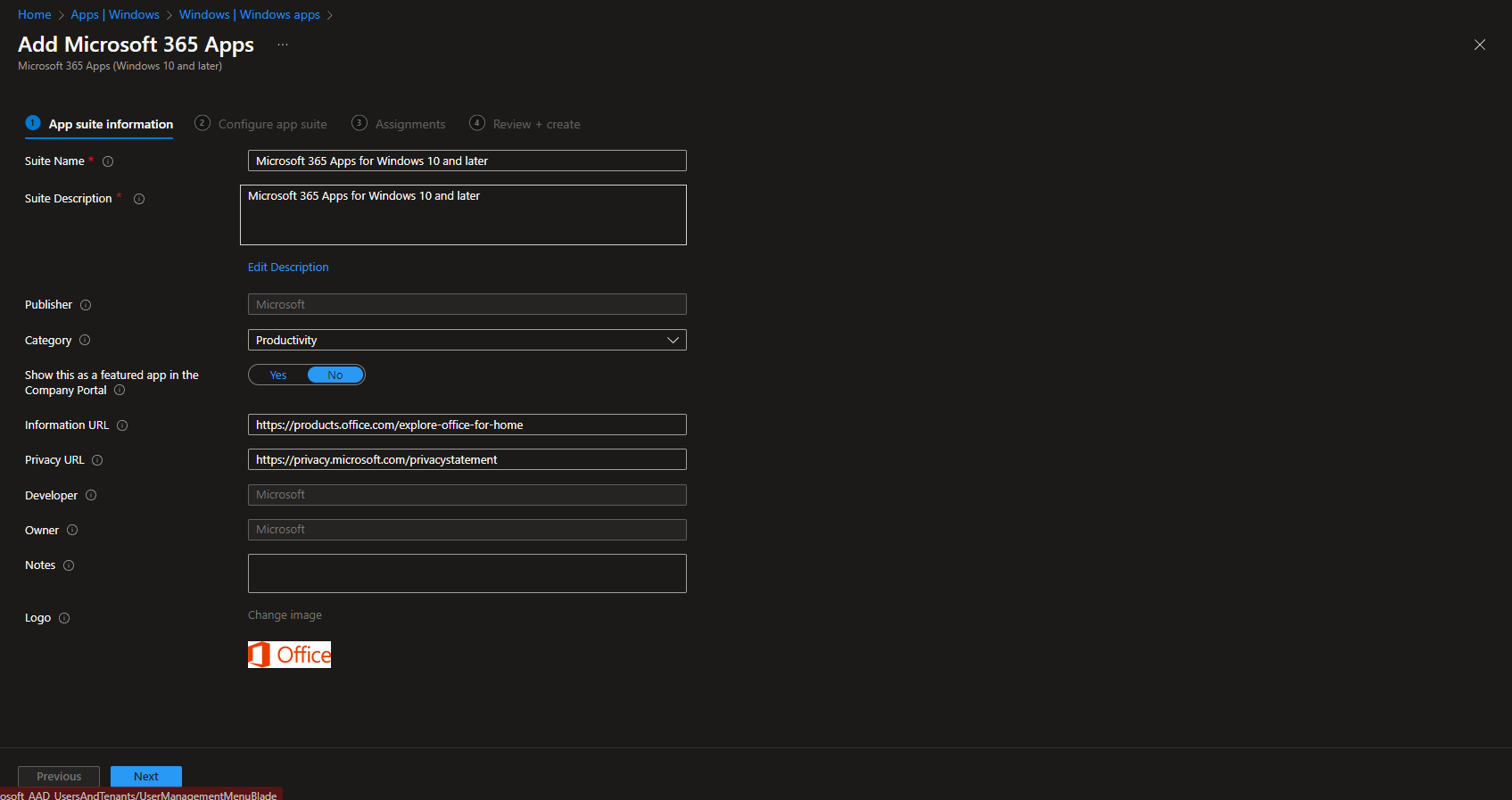 App suite information in Intune